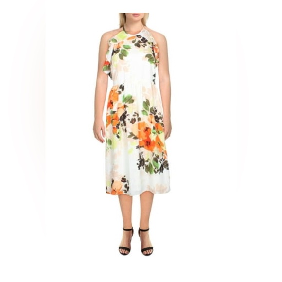Nicole Miller Dresses & Skirts - Nicole Miller Women s Floral Midi w/ Lace Trim Orange and Green Midi Dress